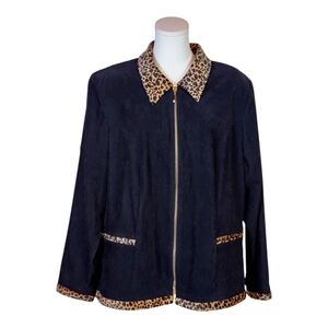 Jessica Howard Y2K Leopard Trim Black Zip Jacket Size 20W Plus Size
